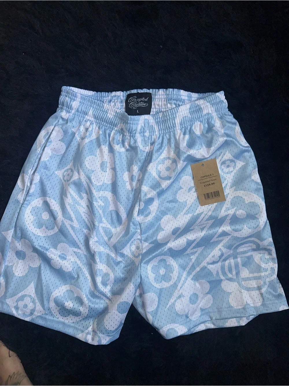 Light Blue Patterned Athletic Men's Shorts with Elastic Waist